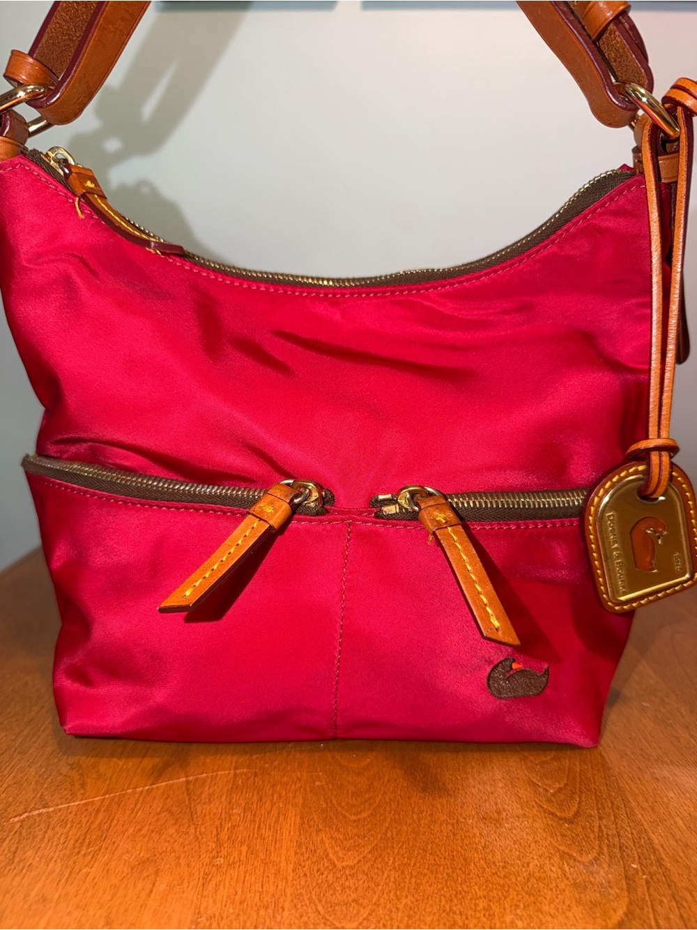 Dooney & Bourke Dillen Pocket Hobo  Red Nylon Shoulder Bag with Tan trim